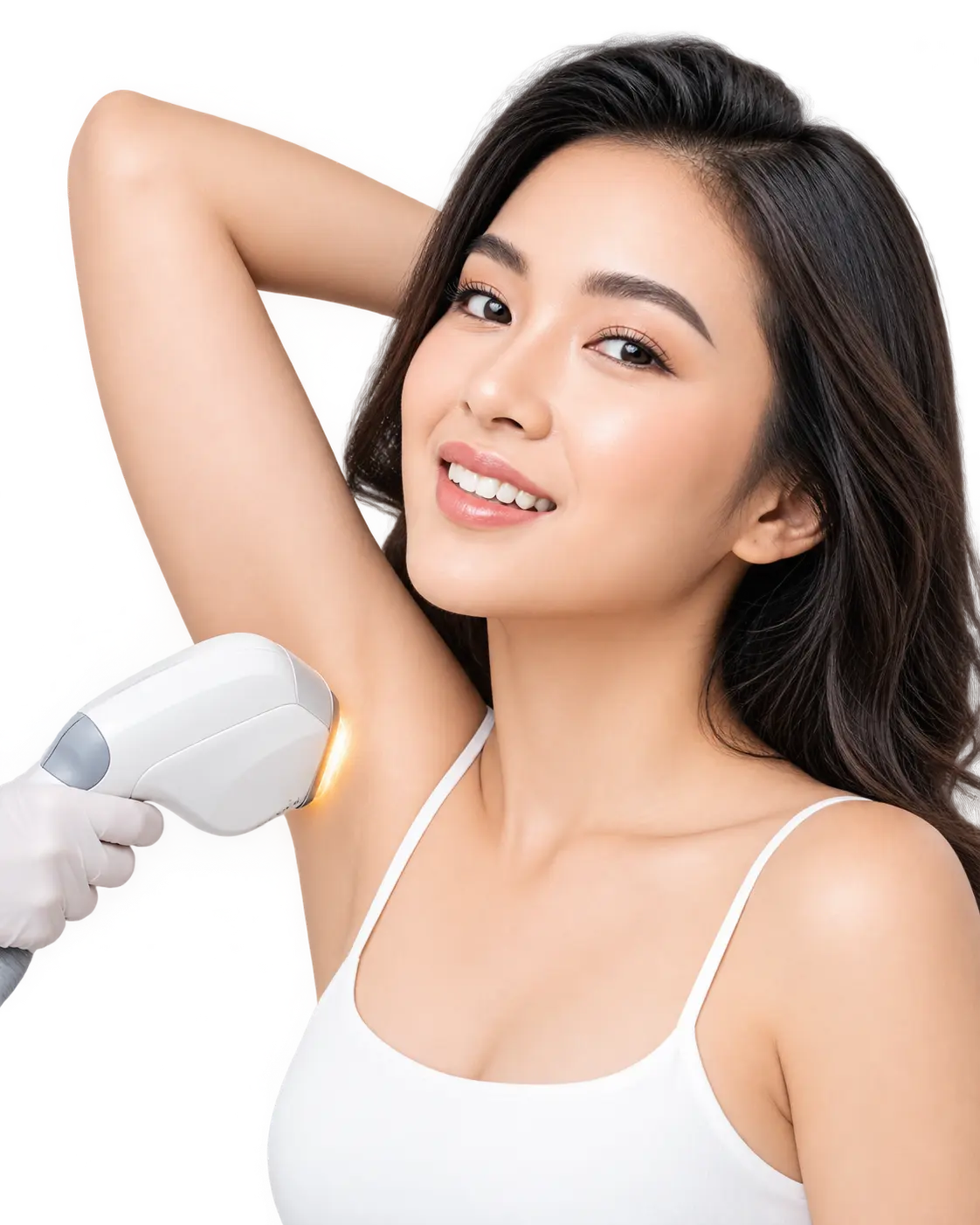 Woman having laser hair reduction on the underarm with a handheld laser device